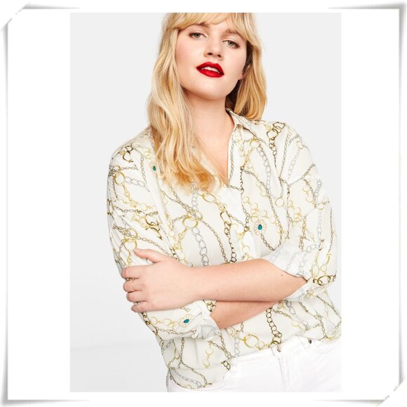 Violeta by Mango Cream V-neck Long Sleeve Blouse with Chains Pattern EUC - Picture 1 of 11